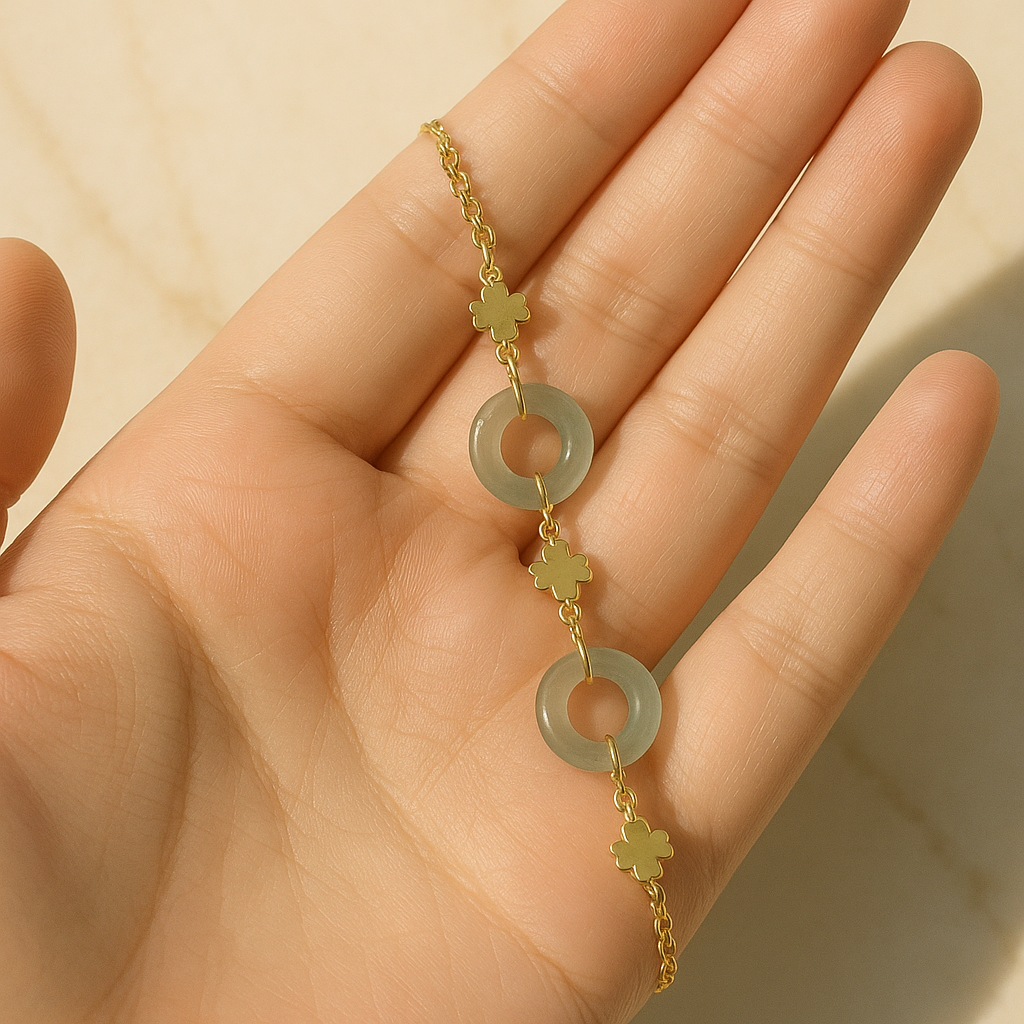 14K Gold-Plated Clover & Blue Water Jade Peace Coin Bracelet – Elegant & Lucky Charm