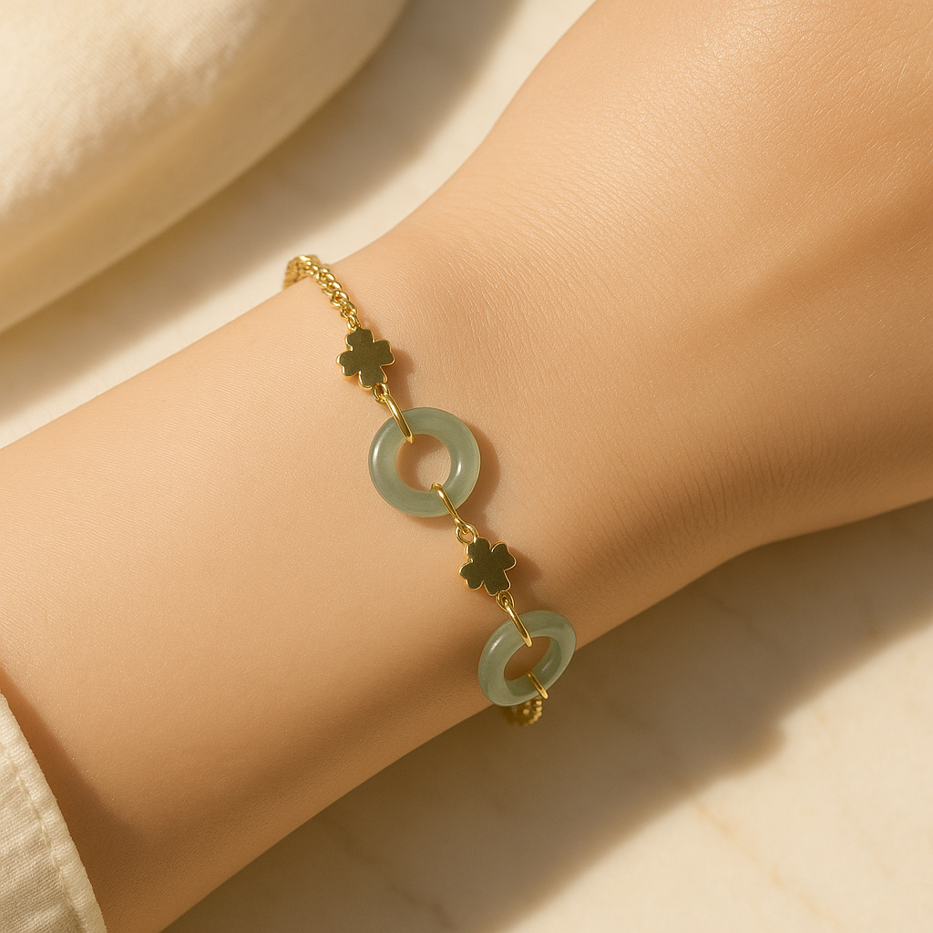 14K Gold-Plated Clover & Blue Water Jade Peace Coin Bracelet – Elegant & Lucky Charm
