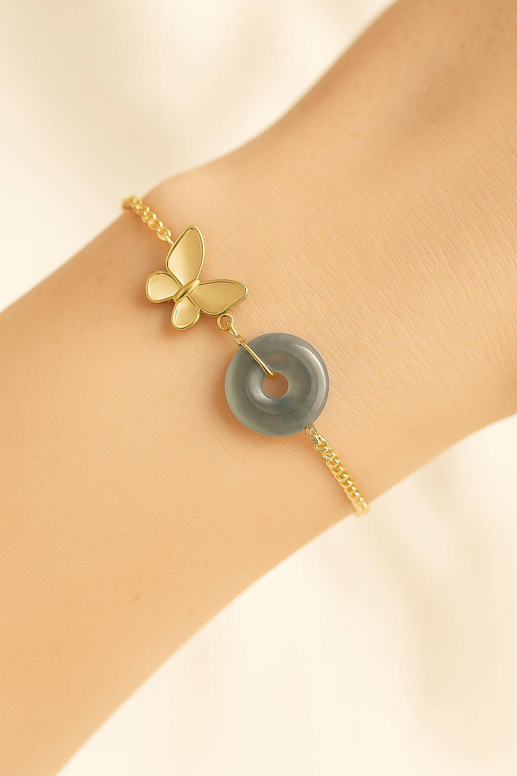 Blue Water Jade Peace Coin Bracelet with Gold-Plated Mother-of-Pearl Butterfly Bracelet– Graceful & Serene