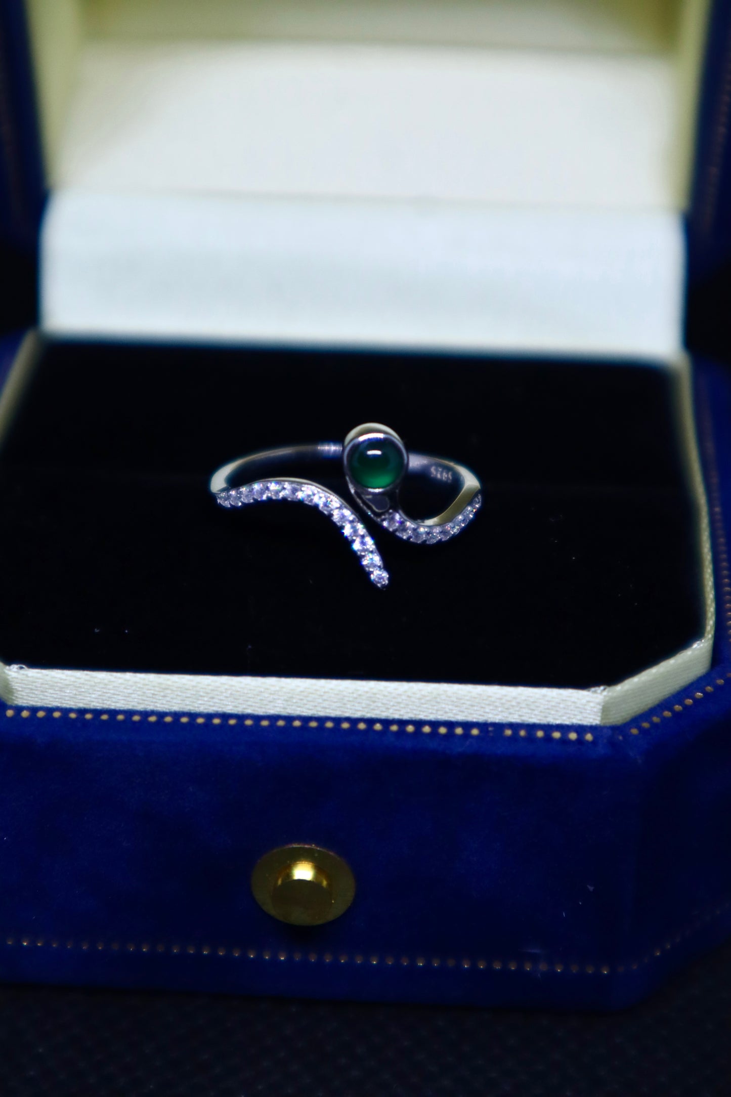 Elegant Snake-Inspired Jade Ring with Sterling Silver and Cubic Zirconia Accents