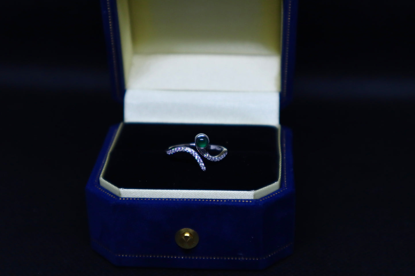 Elegant Snake-Inspired Jade Ring with Sterling Silver and Cubic Zirconia Accents