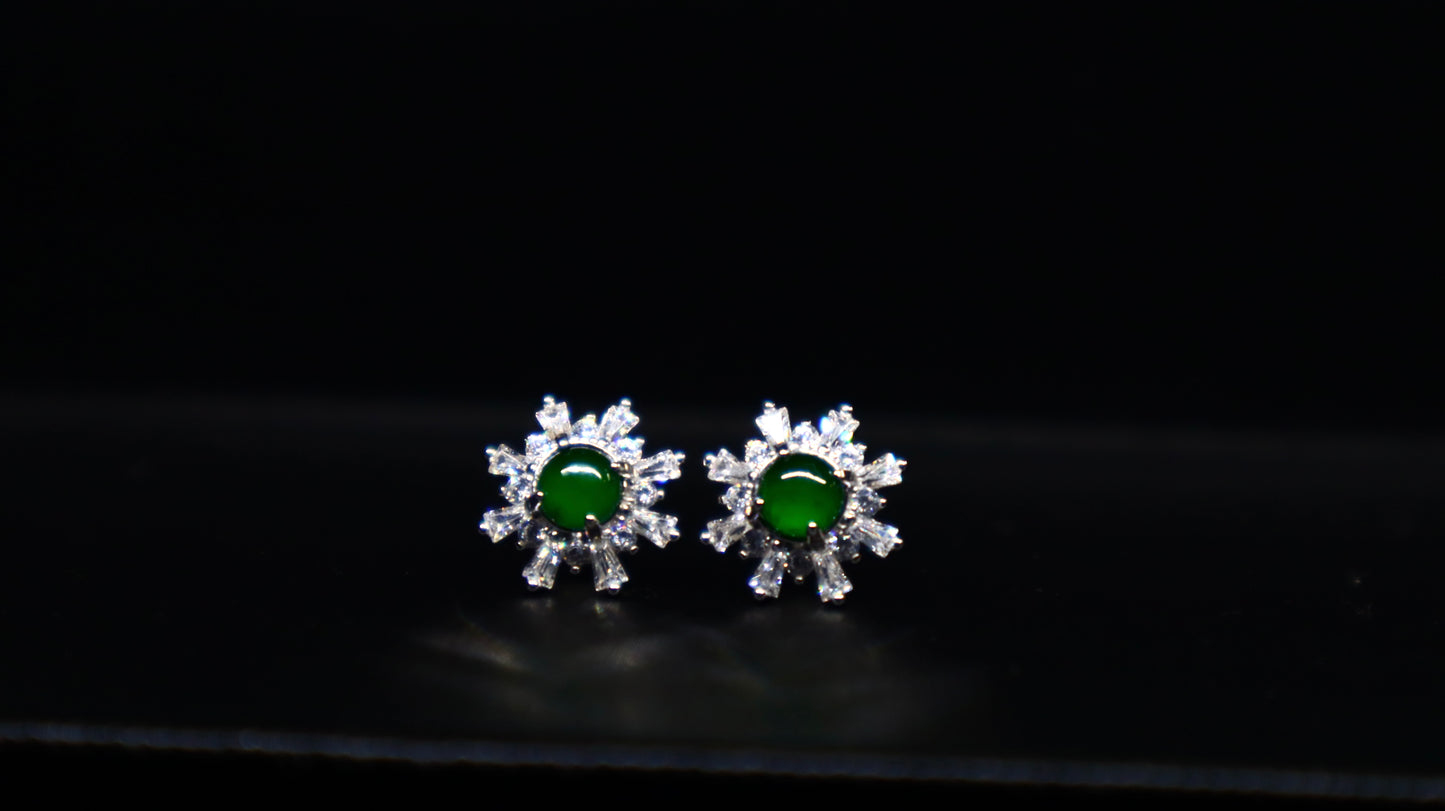 Green Jadeite Sunburst Stud Earrings with Sterling Silver