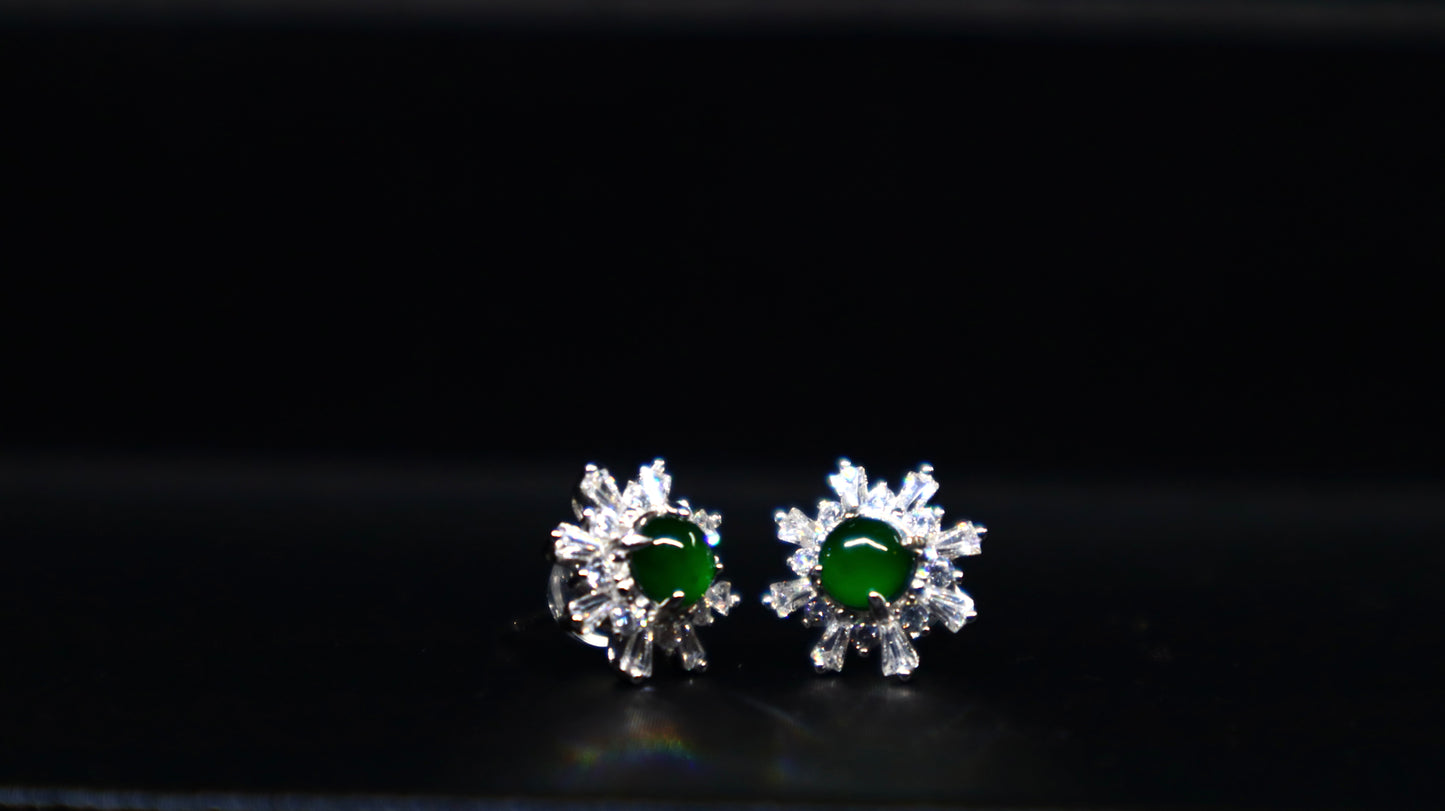 Green Jadeite Sunburst Stud Earrings with Sterling Silver