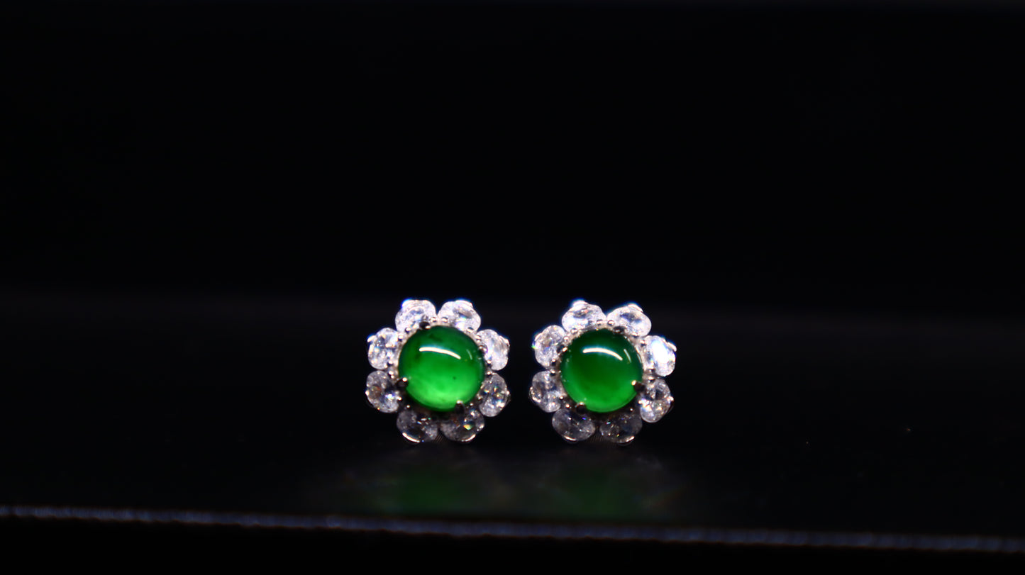 Floral Green Jadeite Stud Earrings with Sterling Silver