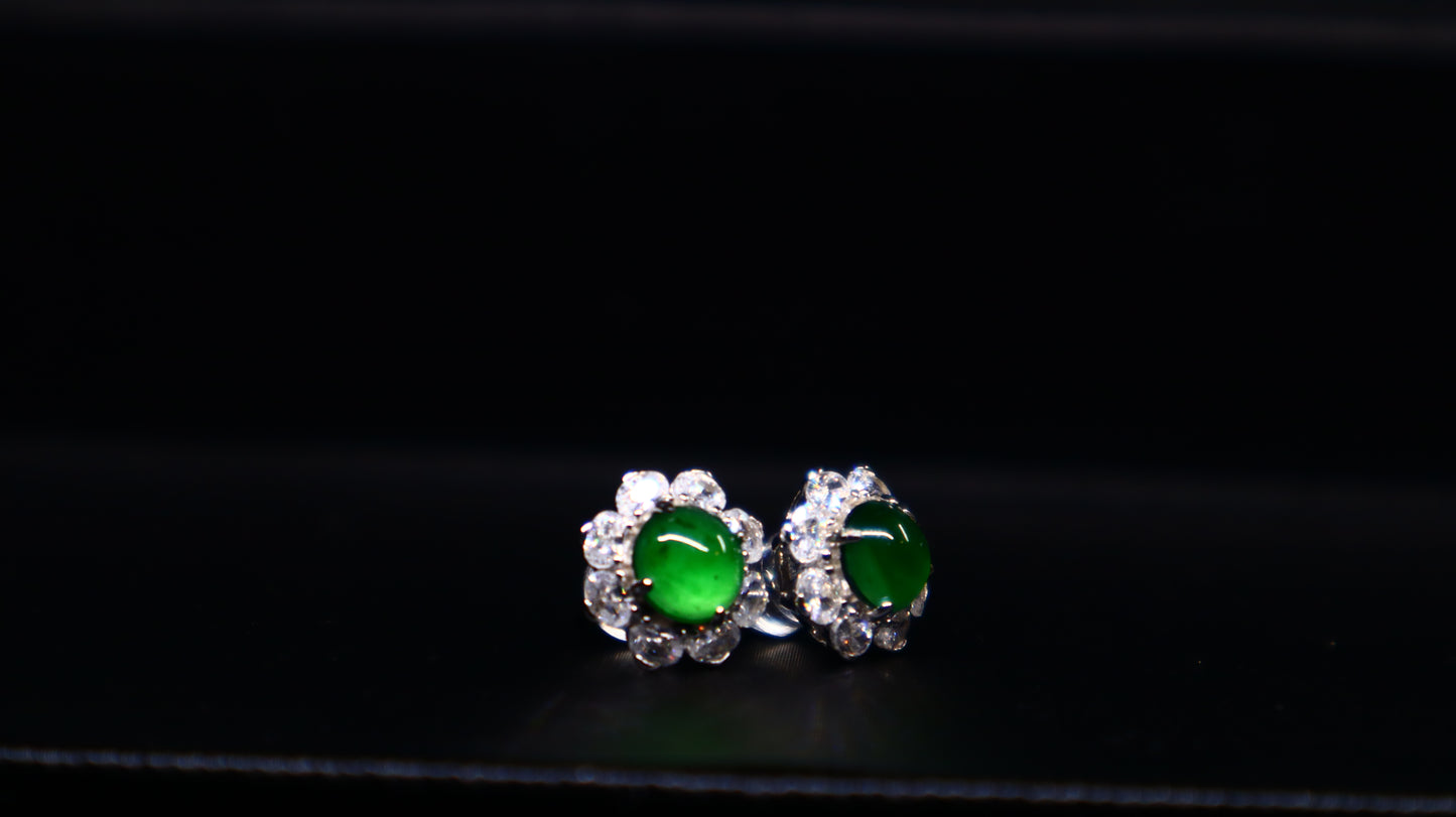 Floral Green Jadeite Stud Earrings with Sterling Silver