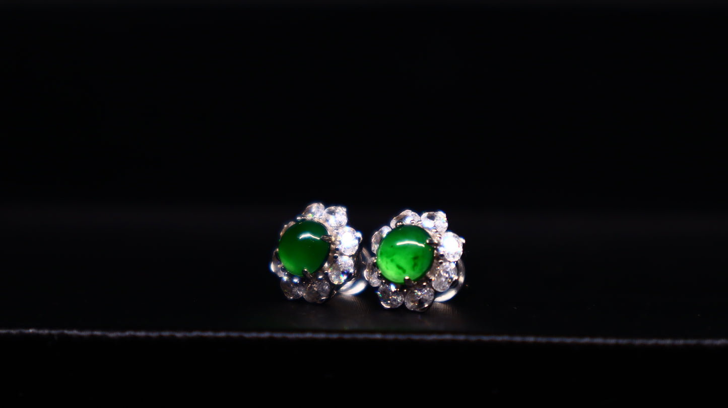 Floral Green Jadeite Stud Earrings with Sterling Silver