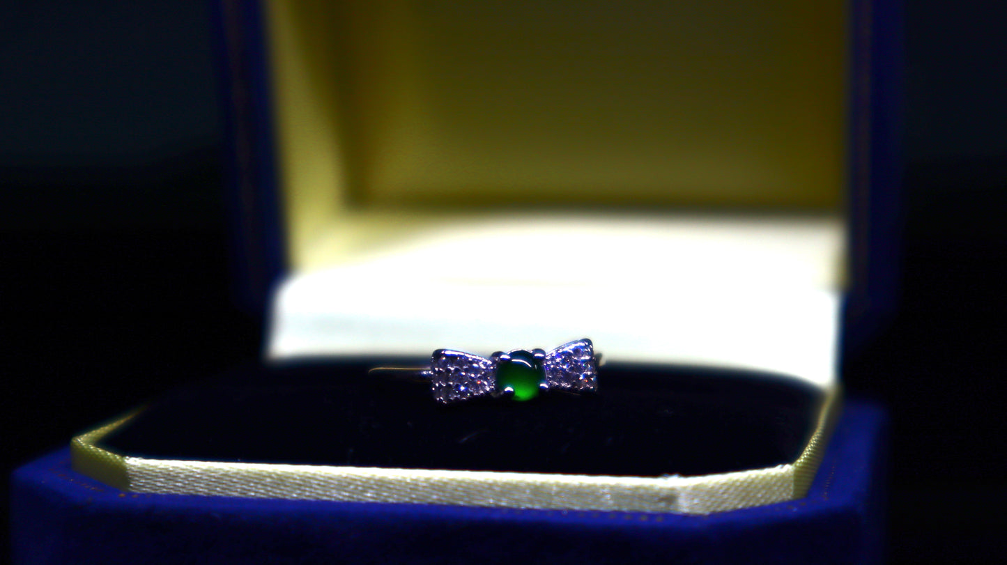 Elegant Bow-Inspired Jade Ring with Sterling Silver and Cubic Zirconia Accents