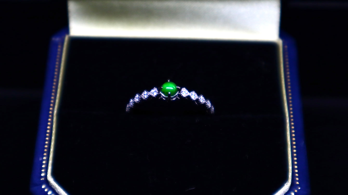 Jadeite Green Jade Ring with Sparkling Cubic Zirconia in Sterling Silver