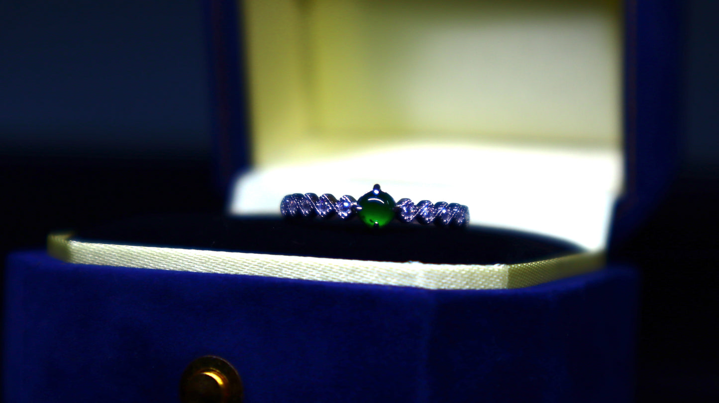 Jadeite Green Jade Ring with Sparkling Cubic Zirconia in Sterling Silver