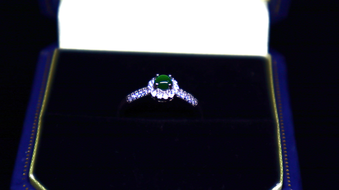 Halo Design Jadeite Green Jade Ring with Dazzling Zirconia