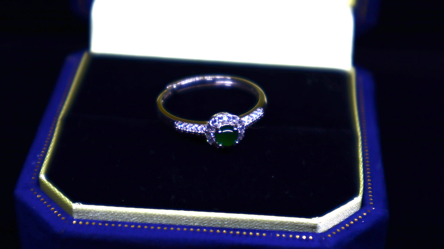 Halo Design Jadeite Green Jade Ring with Dazzling Zirconia