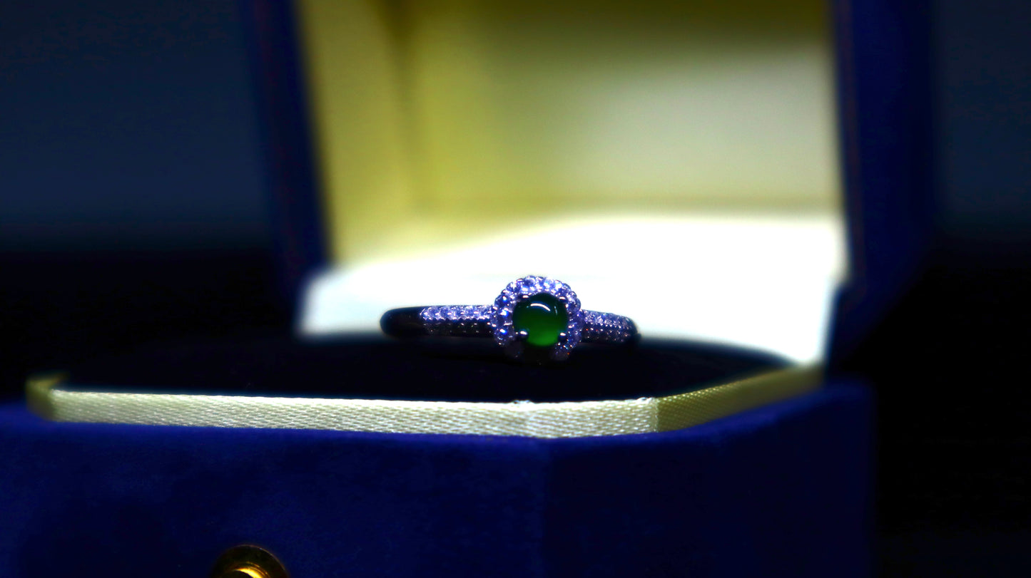Halo Design Jadeite Green Jade Ring with Dazzling Zirconia