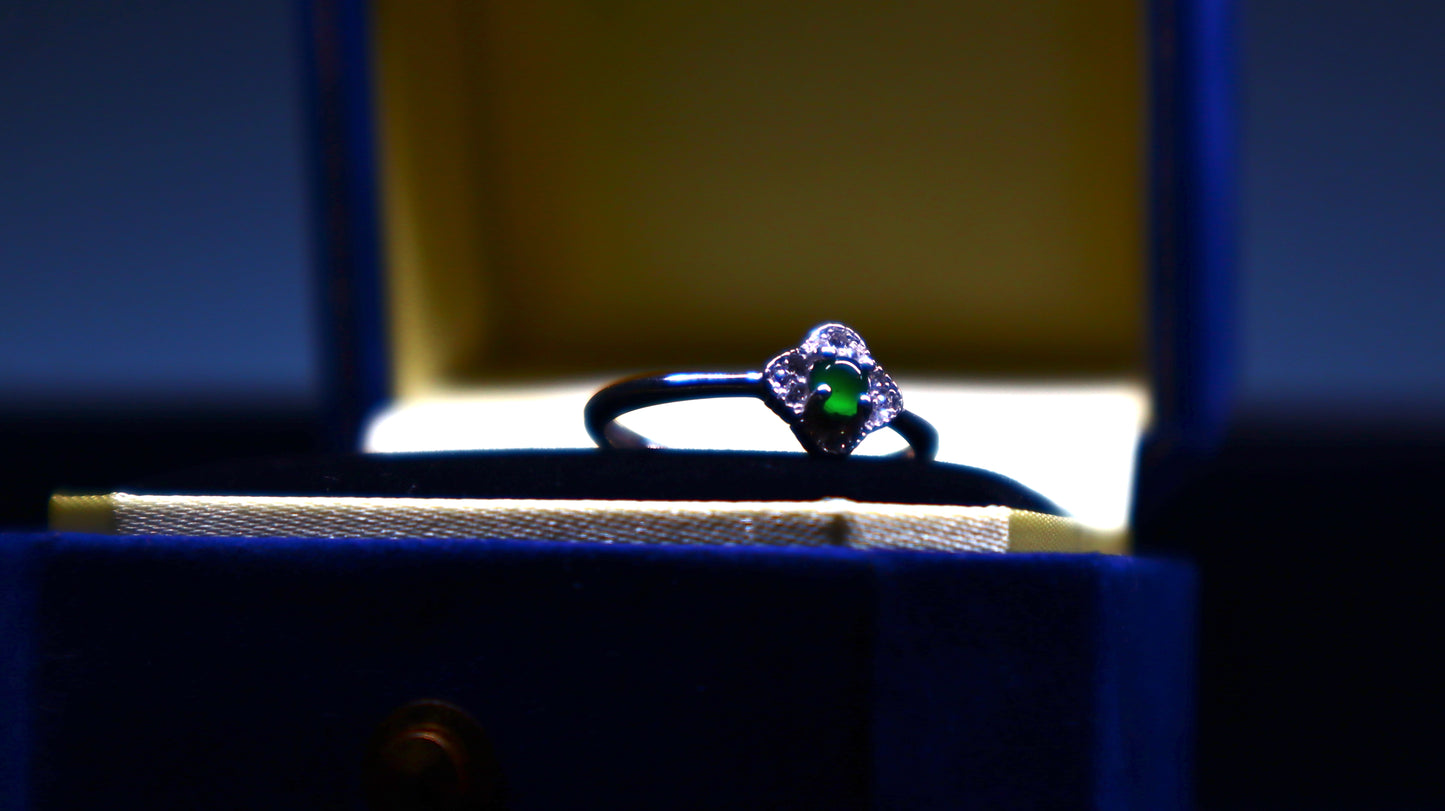 Clover-Inspired Jadeite Green Jade Ring with Dazzling Zirconia