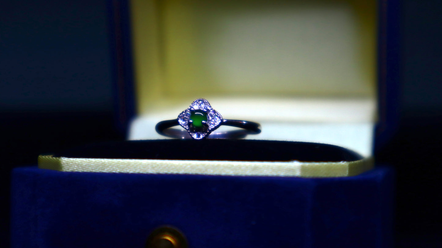 Clover-Inspired Jadeite Green Jade Ring with Dazzling Zirconia