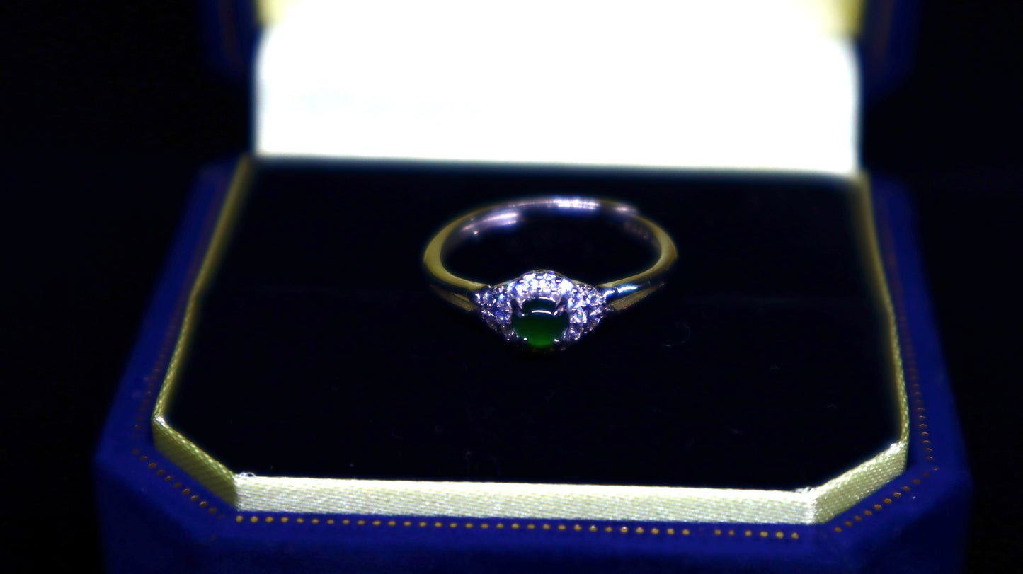 Floral Jadeite Green Jade Ring with Sparkling Zirconia