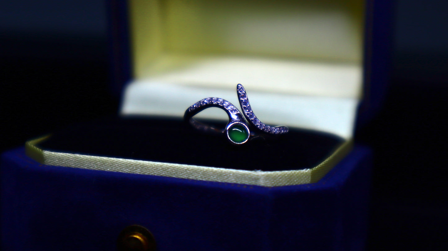 Elegant Snake-Inspired Jade Ring with Sterling Silver and Cubic Zirconia Accents