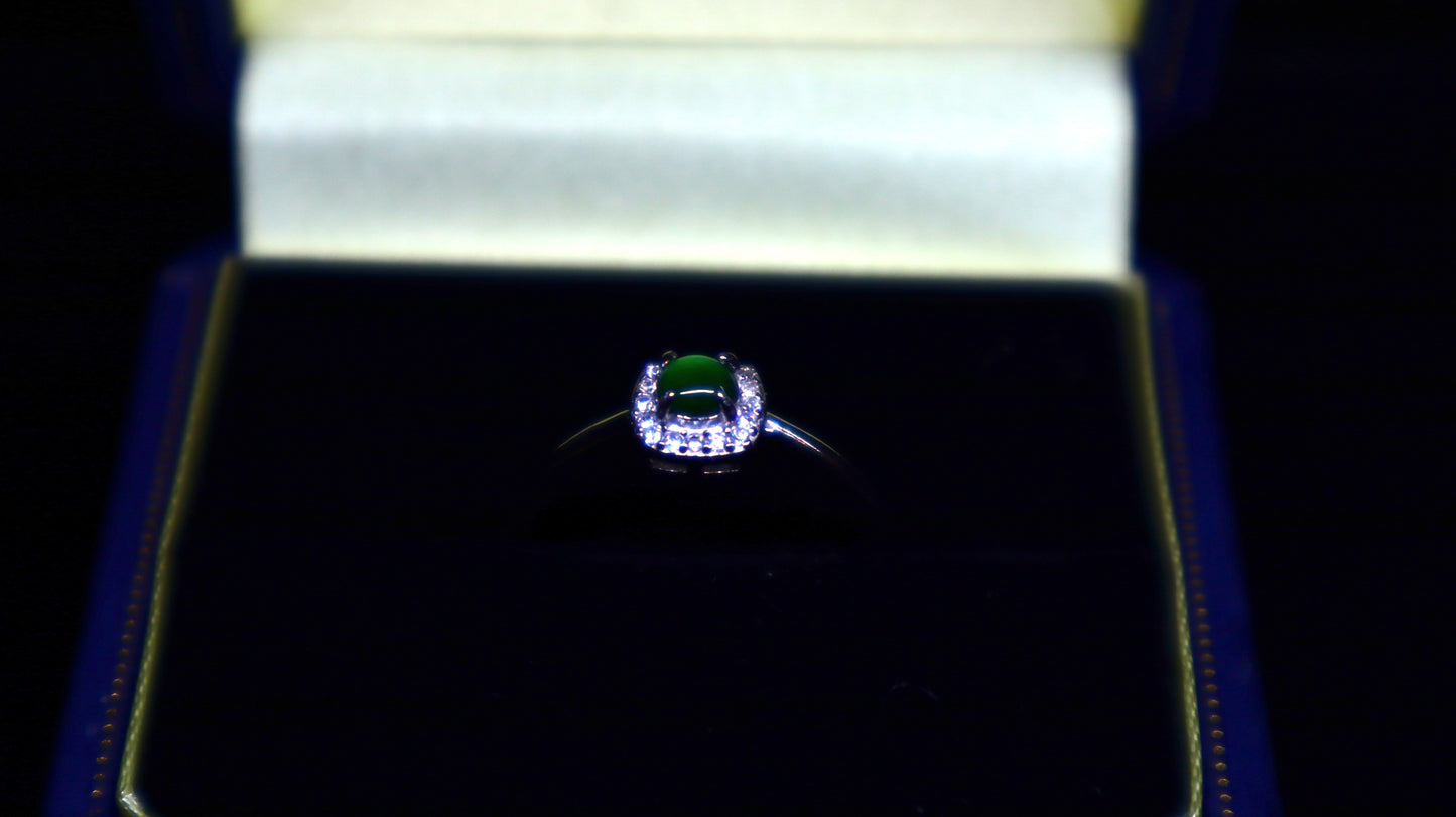 Square Halo Jadeite Green Jade Ring with Sparkling Zirconia
