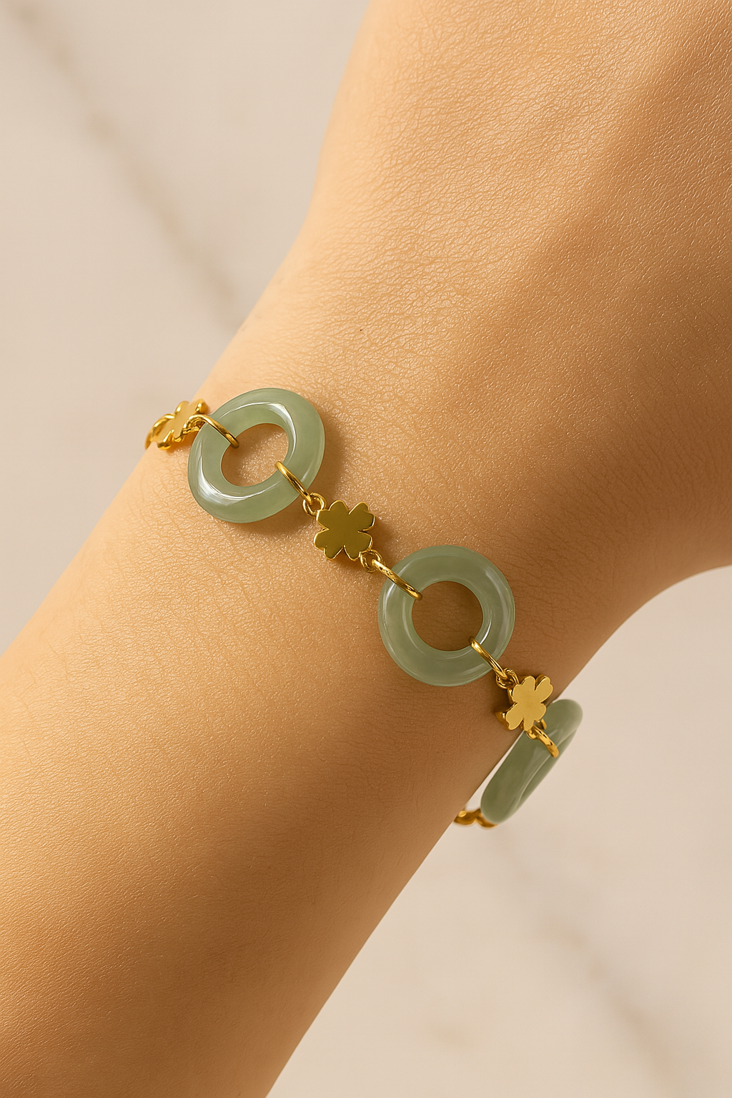 14K Gold-Plated Clover & Blue Water Jade Peace Coin Bracelet – Elegant & Lucky Charm