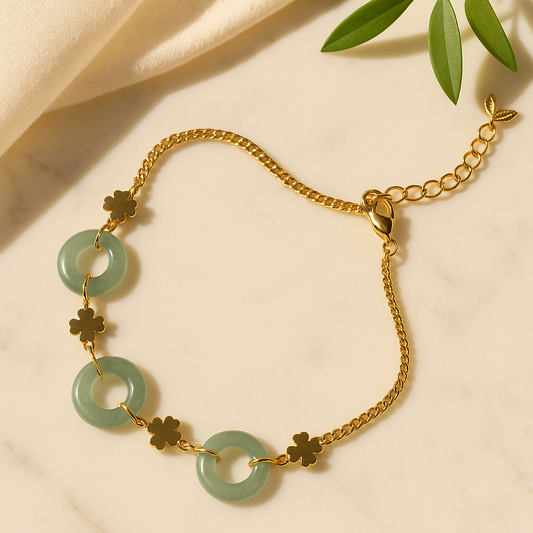 14K Gold-Plated Clover & Blue Water Jade Peace Coin Bracelet – Elegant & Lucky Charm