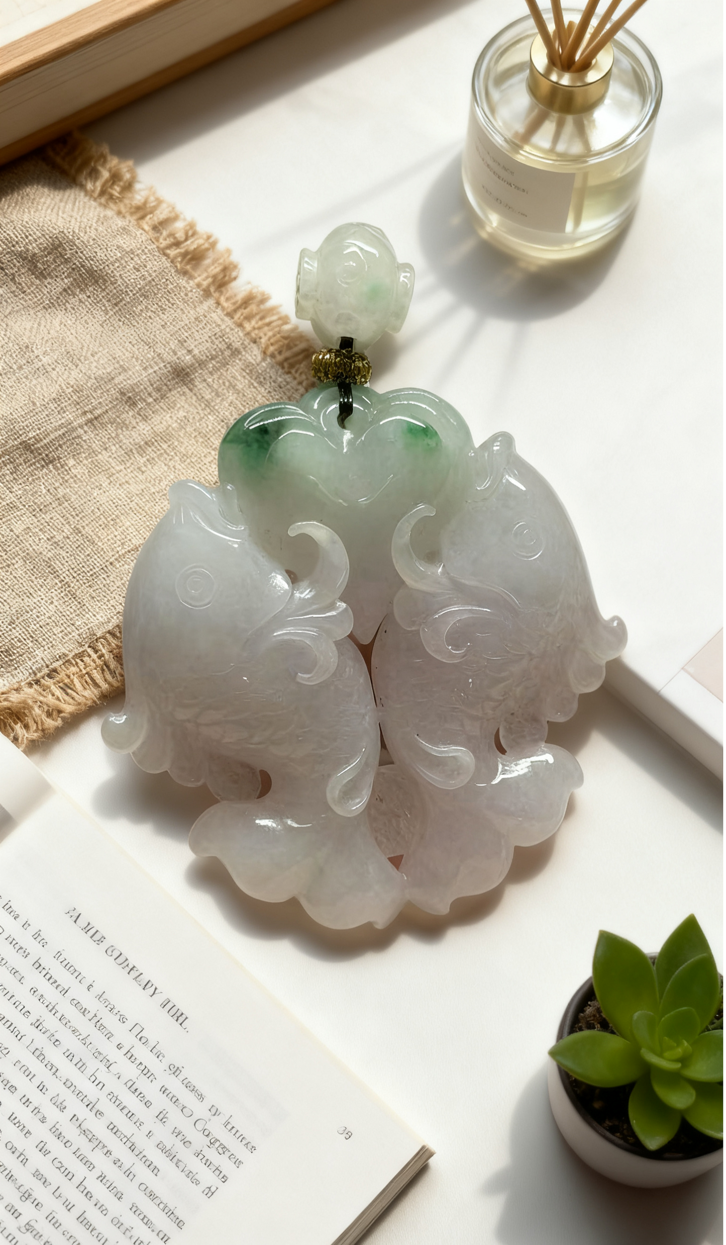 “Double Koi in Love” Burmese Jadeite Pendant – Symbol of Eternal Love & Harmony