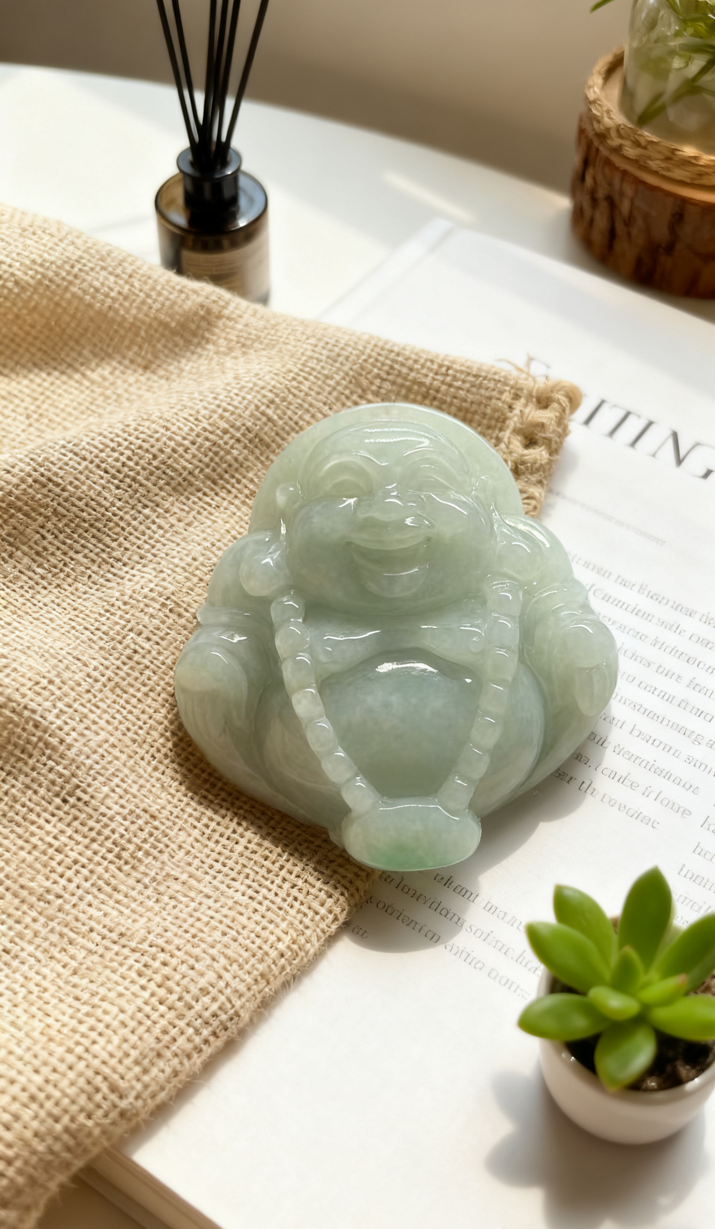 Laughing Maitreya Buddha Jadeite Pendant – Serene Blessing in Translucent Green