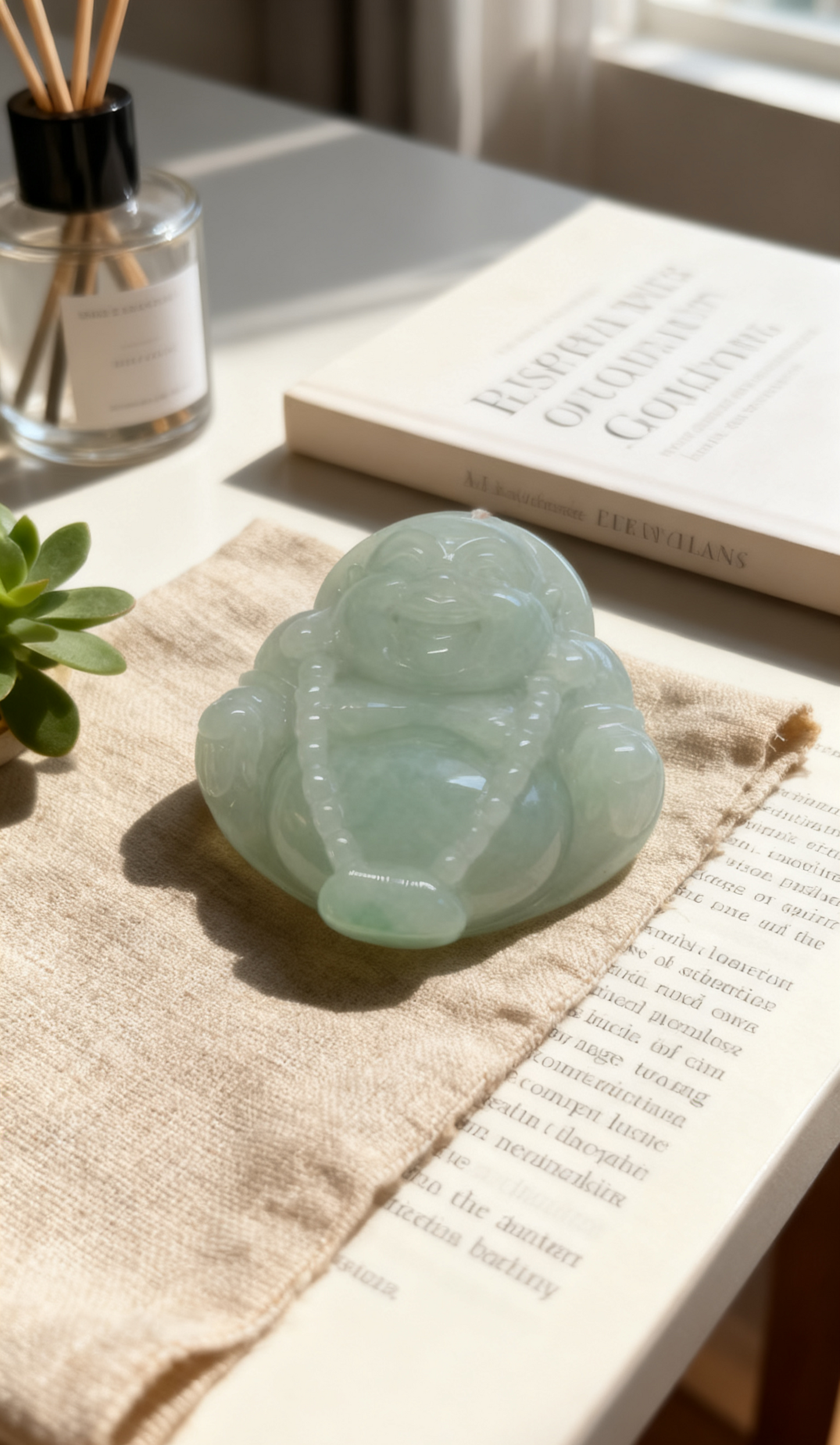 Laughing Maitreya Buddha Jadeite Pendant – Serene Blessing in Translucent Green