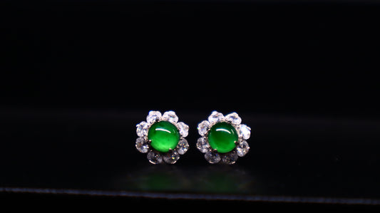 Floral Green Jadeite Stud Earrings with Sterling Silver