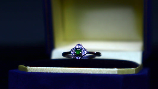 Clover-Inspired Jadeite Green Jade Ring with Dazzling Zirconia