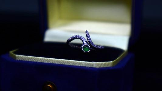 Elegant Snake-Inspired Jade Ring with Sterling Silver and Cubic Zirconia Accents