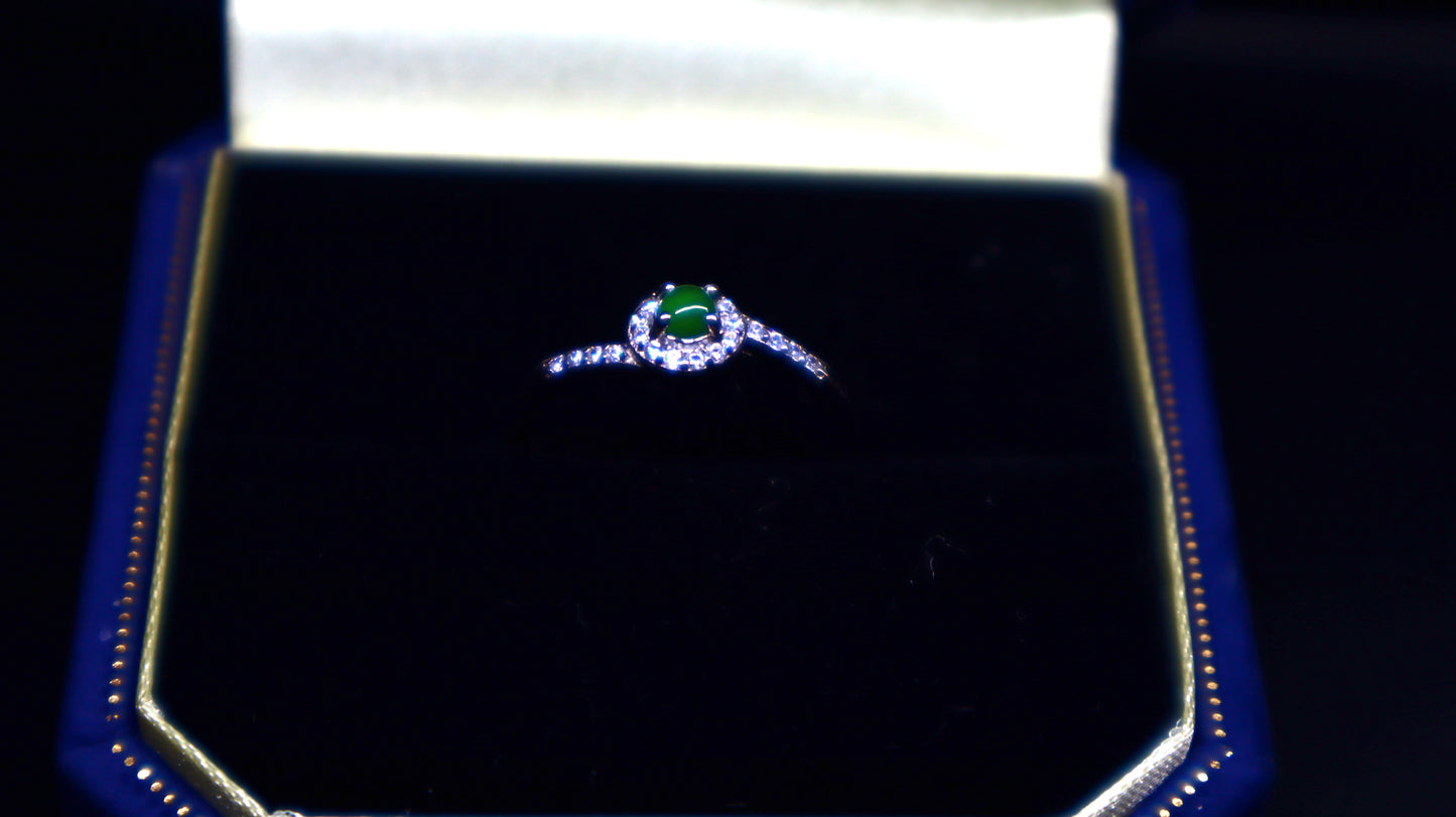 Split Band Jadeite Green Jade Ring with Halo Zirconia