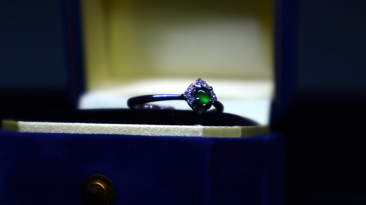 Vintage-Inspired Jadeite Green Jade Ring with Diamond-Shaped Zirconia Halo