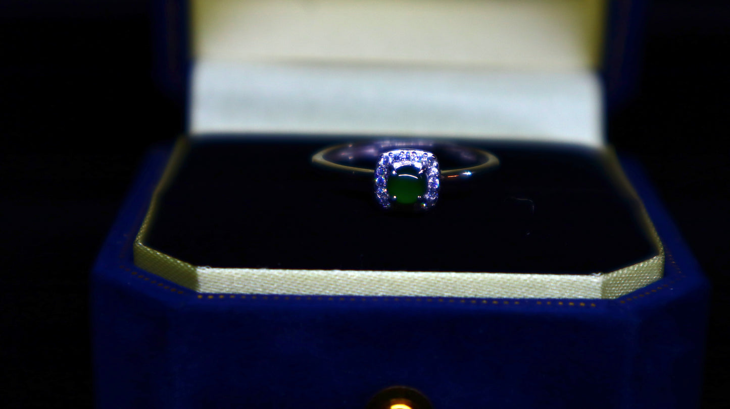 Square Halo Jadeite Green Jade Ring with Sparkling Zirconia