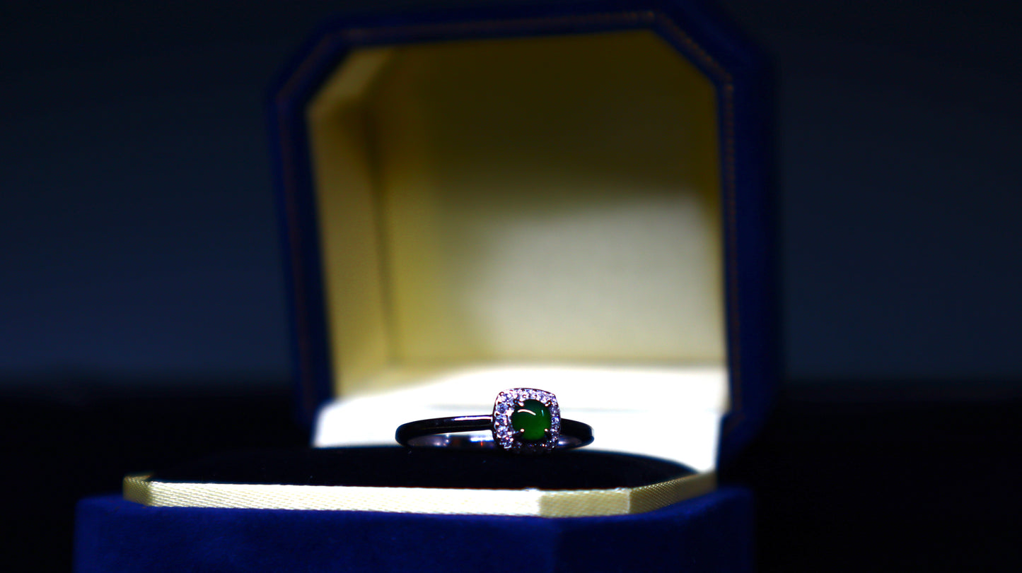Square Halo Jadeite Green Jade Ring with Sparkling Zirconia