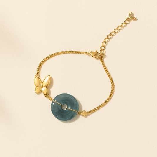 Blue Water Jade Peace Coin Bracelet with Gold-Plated Mother-of-Pearl Butterfly Bracelet– Graceful & Serene