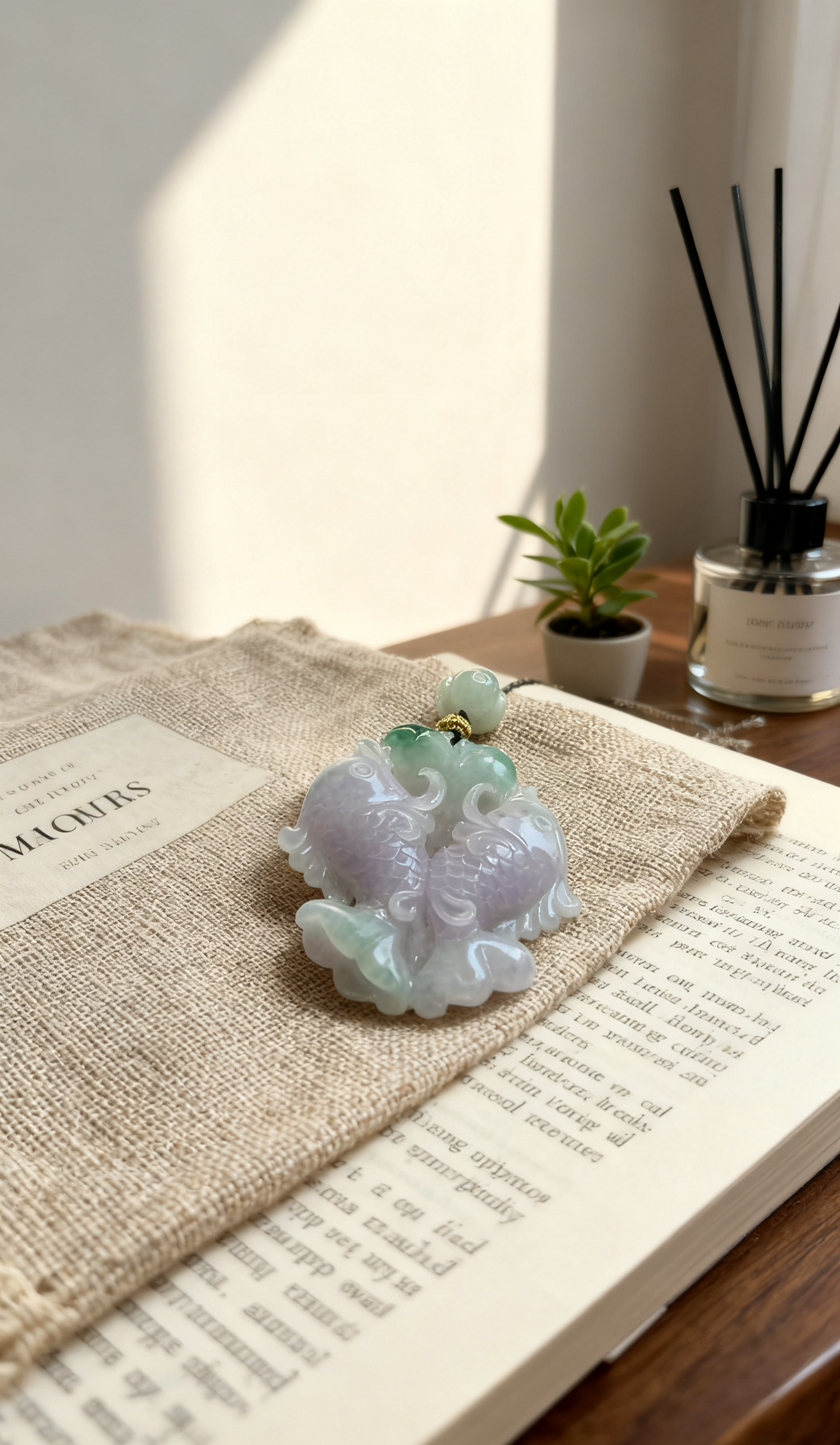 “Double Koi in Love” Burmese Jadeite Pendant – Symbol of Eternal Love & Harmony
